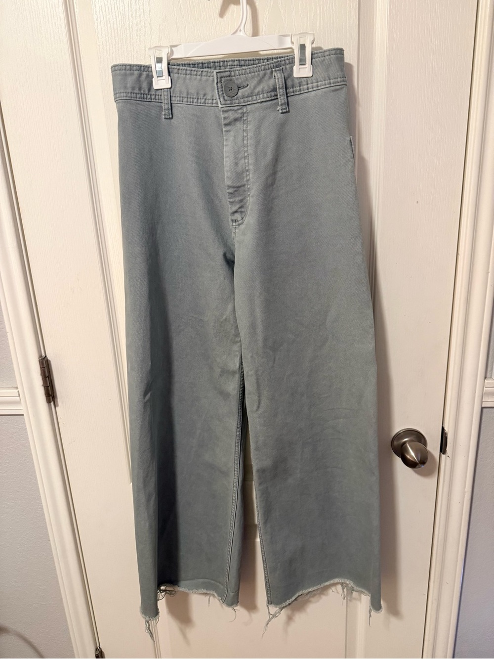 Zara Size 6 High Waisted Wide Leg Raw Hem Pants in Light Green